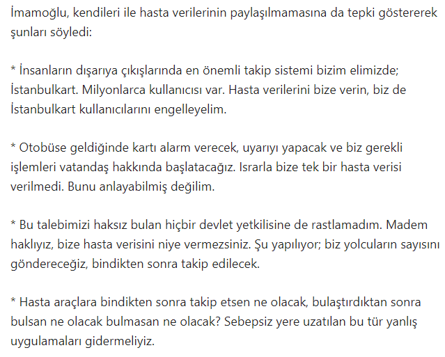 İstanbul Belediye başkanı <a href="/ekrem_imamoglu/">Ekrem İmamoğlu</a> 'nun bu makul önerisine bile ses yok sağlık bakanlığından ve hükümetten.Okuyunca dehşete düştüm.Partizanlığın bu kadarına da pes be kardeşim. Ne etti size bu İstanbul?