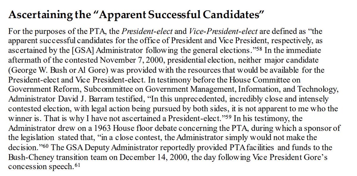 CRS on GSA's actions following Bush-Gore 2000 presidential election: “In this unprecedented,incredibly close & intensely contested election,w/legal action being pursued by both sides,it is not apparent to me who the winner is.That is why I have not ascertained a President-elect.”