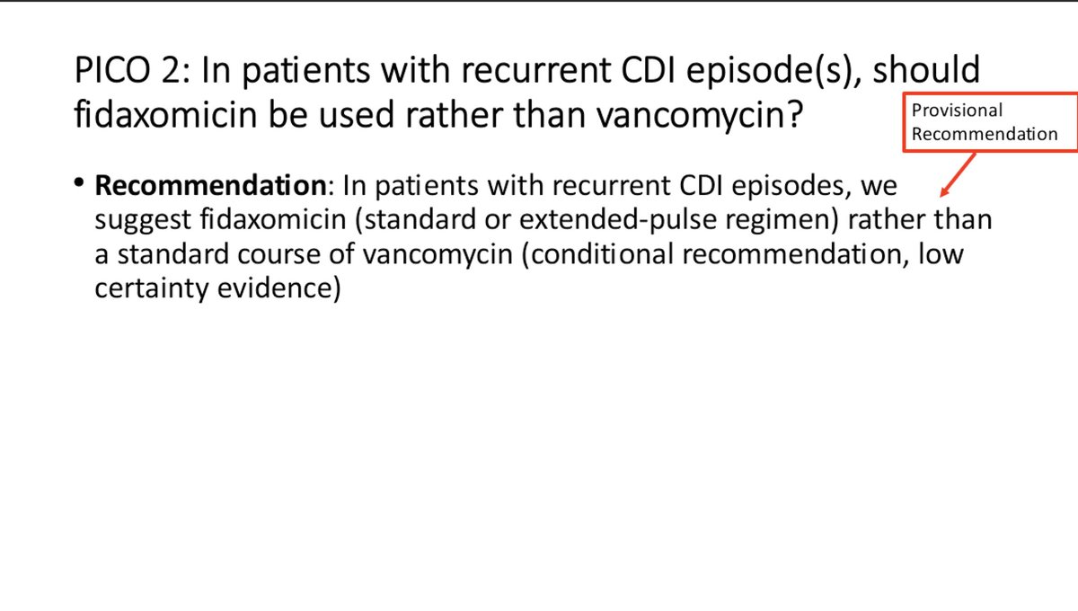 Khanna_S's tweet photo. Sneak peak of the upcoming guidelines from @IDSAInfo for #Cdiff presented at @cdiffFoundation #Cdiff2020 meeting. Can’t wait to see these incorporated once approved. Thank you Dr. Johnson for presentation. Huge changes to the positioning of fidaxomicin and bezlotoxumab. Exciting! https://t.co/80FhGy6y90