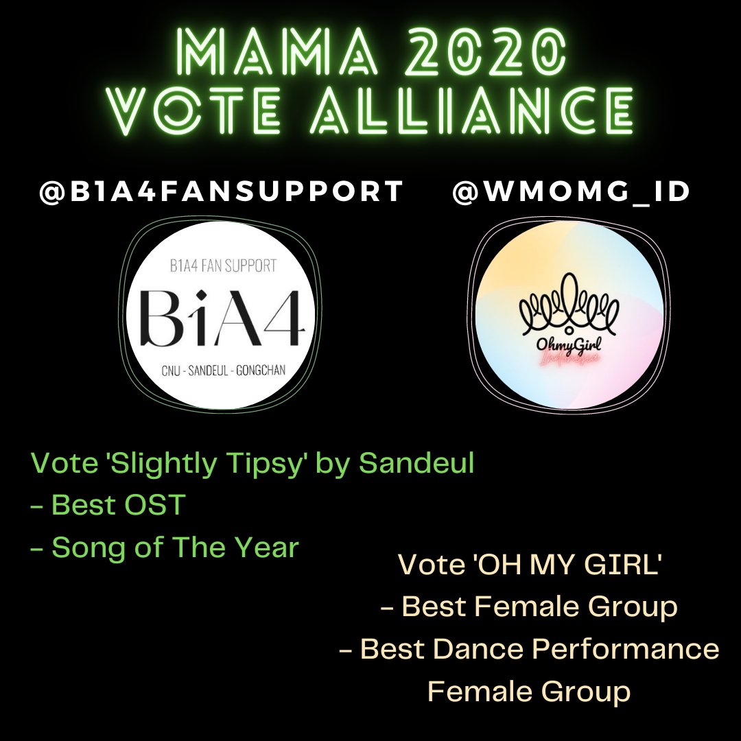[📢] Collaborate with <a href="/B1A4FANSUPPORT/">B1A4 FAN SUPPORT</a> 

Vote Sandeul 'Slightly Tipsy' for:
- Best OST 
- Song of The Year

Go vote on 2020mama.com

#MAMAVOTE #OHMYGIRL #B1A4