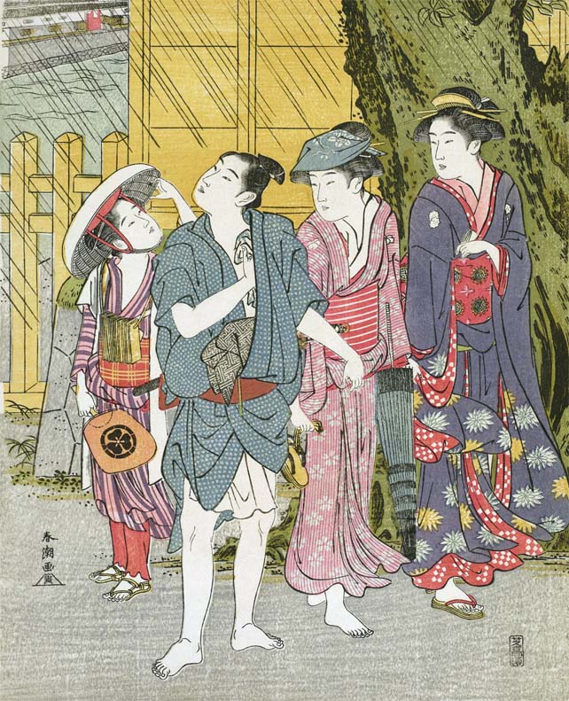 雨宿りをする男女を描いた勝川春潮の浮世絵。真ん中の男性と女性は裸足