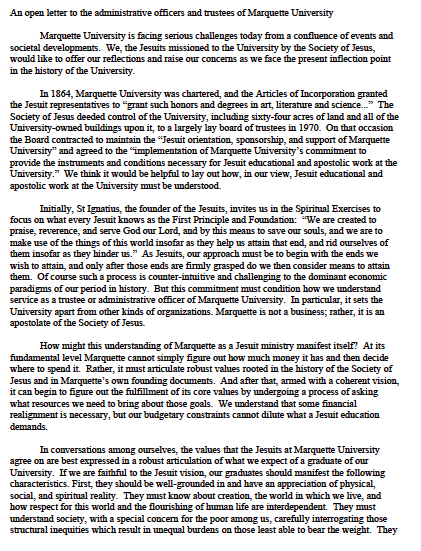 MarquetteUnited's tweet image. “An open letter to the administrative officers and trustees of Marquette University.” Thank you to the @MarquetteU Jesuit community for taking a stand against these aggressive cuts that go against the core mission of our university.