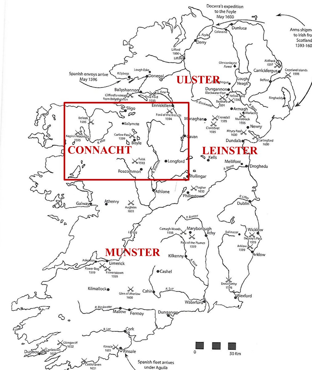 A ese factor, hay que añadirle que el día 15 de agosto el ejército del representante de la Corona en Connacht, Sir Conyers Clifford, había sido aniquilado en una emboscada del ejército de Hugh O’Donnell en Curlew Pass, cerca de Boyle, perdiendo la mayor parte de su ejército.