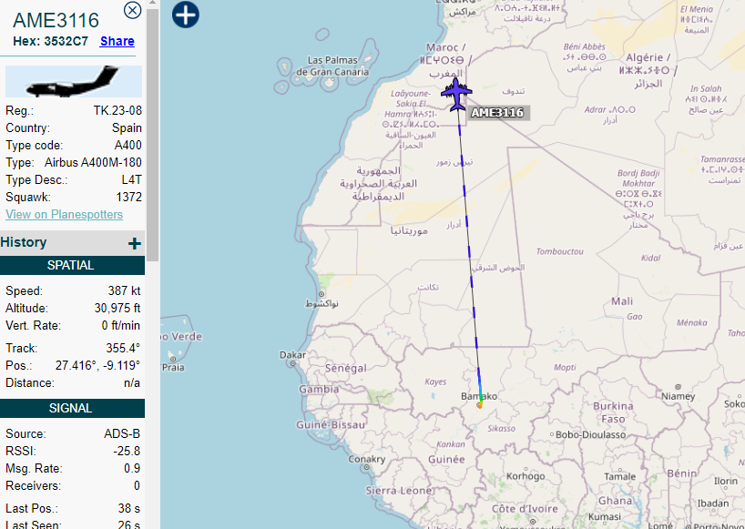 5472_nde's tweet photo. AME3116 TK23-08 #SpanishAF A400M out of Bamako, #Mali. Part of Operation #Barkhane I think. 1415z https://t.co/n0JuqKGEp2
