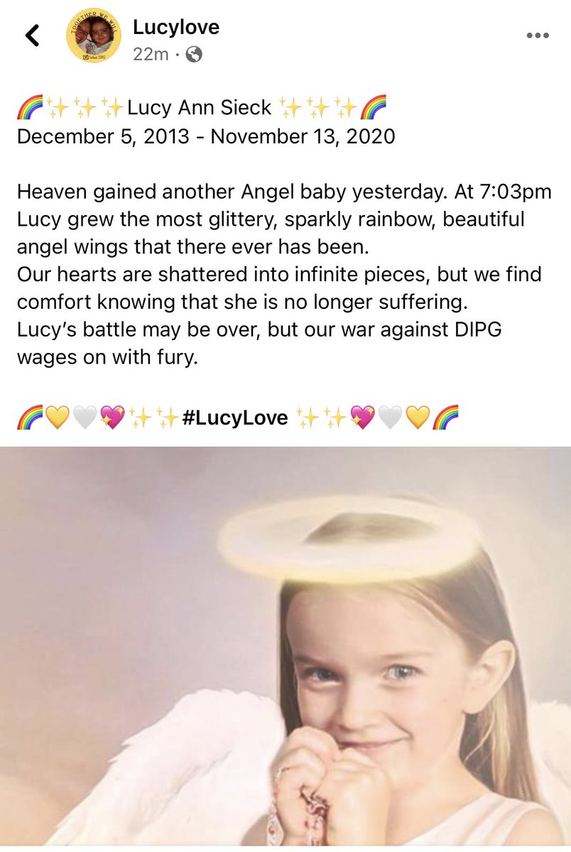 Prayers are needed for a co-worker of mine who lost her daughter last night after a battle with #DIPG. Her name is Lucy. Take the time today. ❤️#CureDIPG 🙏🏻😢