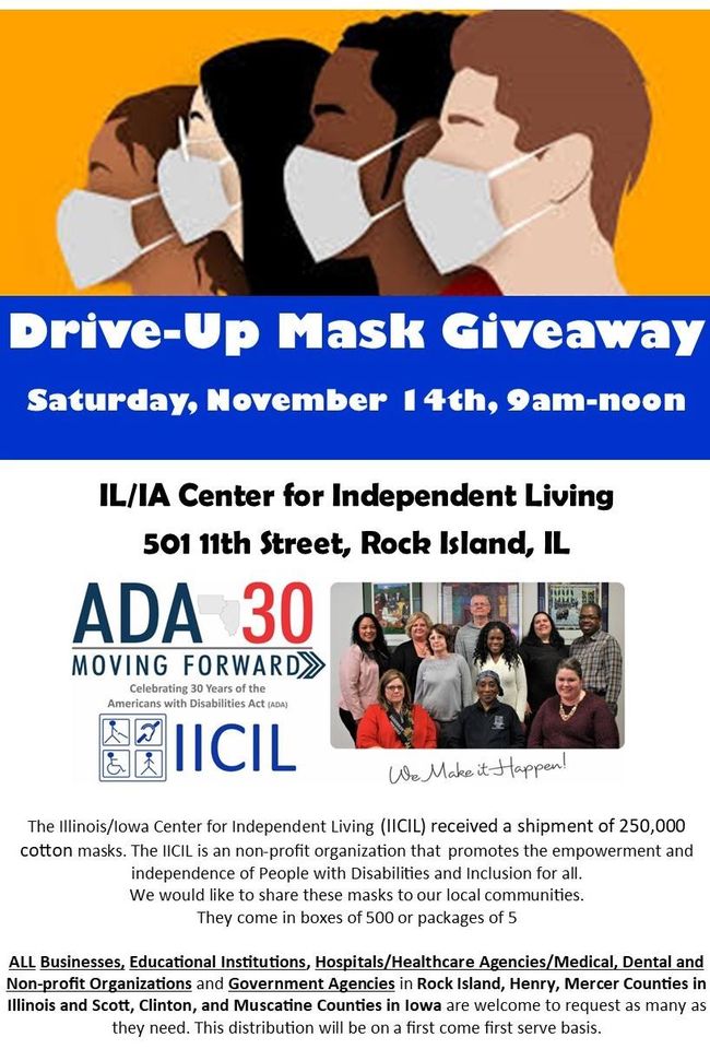 R_I_Schools's tweet photo. Drive-up Mask Giveaway! The Illinois/Iowa Center for Independent Living is hosting a mask giveaway today from 9 AM - 12 PM. The Center is located at 501 11th Street, Rock Island. https://t.co/SMAOhSMasw