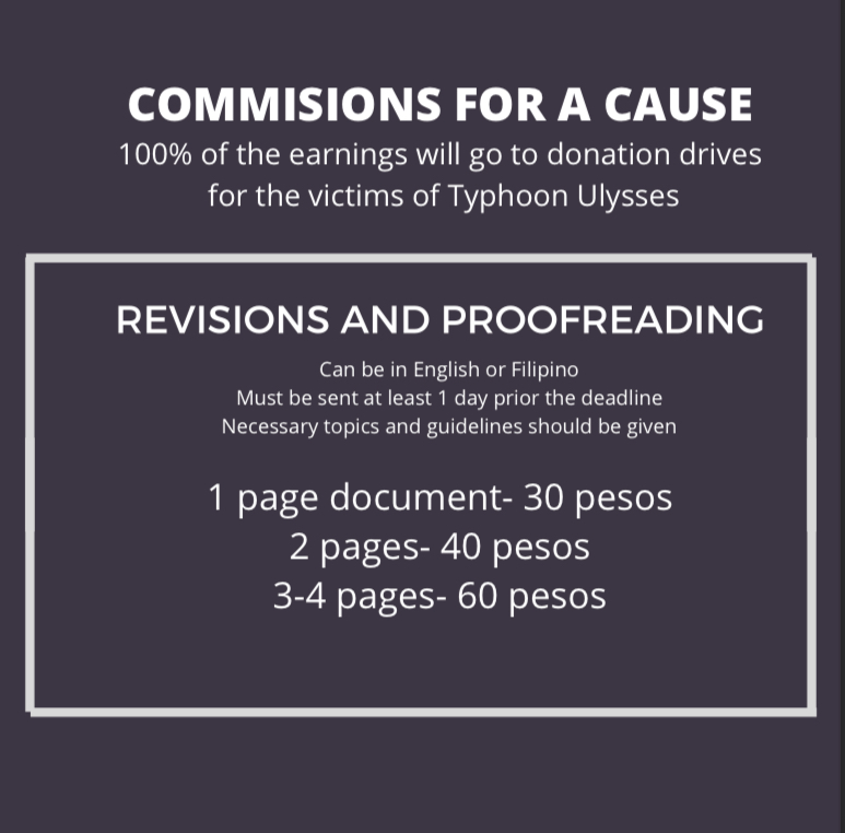 Hi! I'm opening my commission for school requirements to help the victims of Typhoon #UlyssesPH. This is my simple way of helping our kababayan as a Filipino student. Please DM me for inquiries.
#CagayanNeedsHelp 
#TyphoonUlyssesPH 
#DonationDrivesPH 
#TugegaraoNeedsHelp