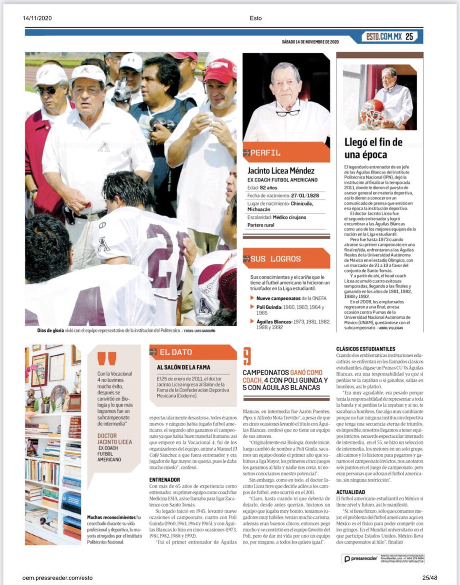 Hoy el diario de los deportistas @estoenlinea hace un reportaje y reconocimiento al Dr. Jacinto Licea Mendoza, quien por 65 años fue entrenador del @IPN_MX @ipndeportes @AguilasIPN @AnahuacCancun