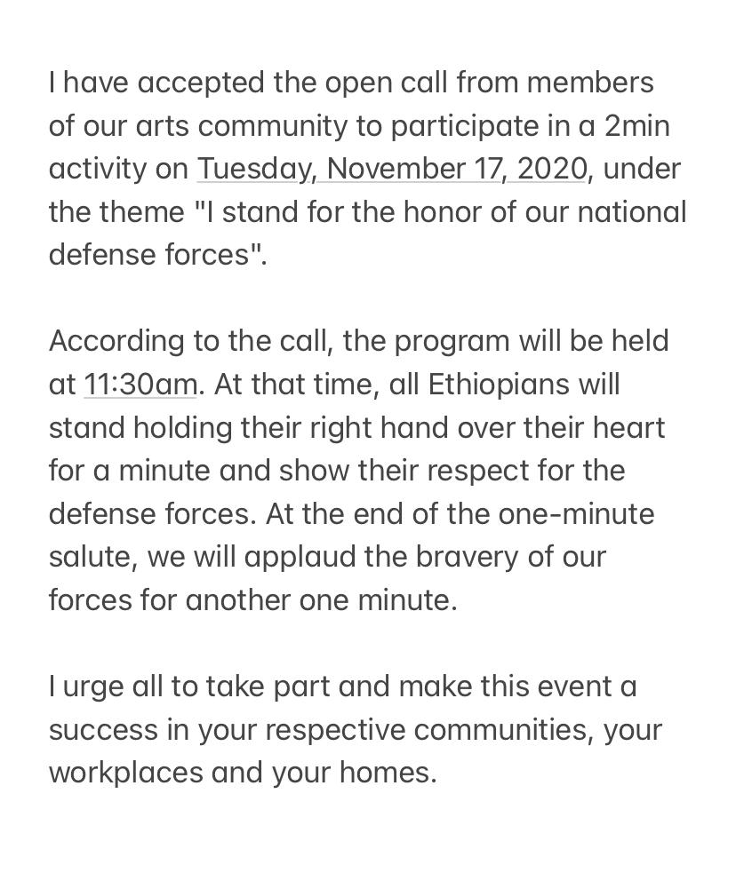AbiyAhmedAli's tweet image. Join me Tuesday,
November 17th 2020 at 11:30am to honor the Ethiopian National Defense Forces