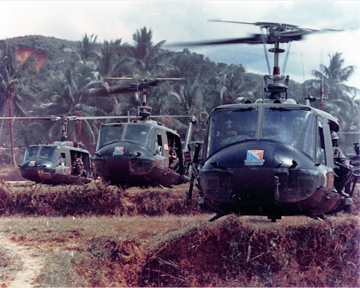 Preparatory arty began 20 mins before the scheduled arrival of the first 16 UH-1s of the 229th Assault Helicopter Bn. Combat experience dictated flying at 2,000 to stay above small arms. Troops were staged 14 miles away at Plei Me, requiring multiple lifts to move 1st Bn, 7th Cav