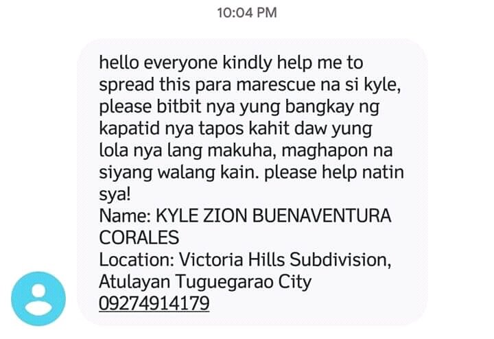 rpwtala's tweet photo. UPDATE!!
Name: KYLE ZION BUENAVENTURA
Loc: Victoria Hills Subdivision, Atulayan Tuguegarao City
Contact: 09274914179
Notes: BITBIT BANGKAY NG KAPATID, KASAMA ANG LOLA, NEED OF FOOD AND WATER, NEED MARESQUE
#TuguegaraoNeedsHelp #ResquePH #CagayanValleyNeedsHelp https://t.co/qqC8yT8Dj5