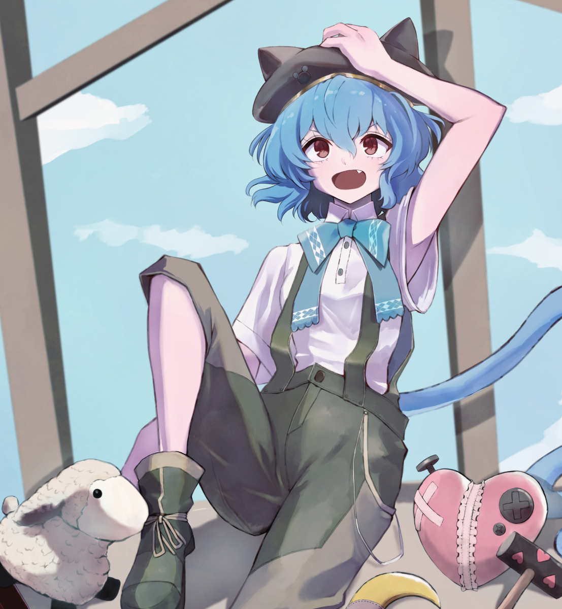 blue hair fang solo hat cat tail animal ears open mouth  illustration images