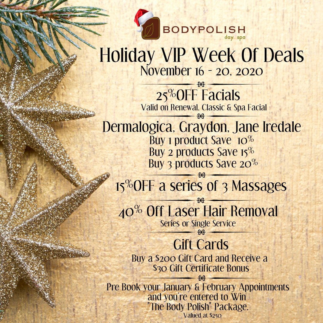 BodyPolishSpa's tweet photo. Monday starts our VIP Week at Body Polish!  In lieu of having you in for a glass of Champagne and some great deals, we are offering some amazing deals for the whole week for you!  https://t.co/6SrdALgbaG
9622-165 Ave 
#yegchristmas #shoplocal #yegshoplocal https://t.co/knkb8mLTDB