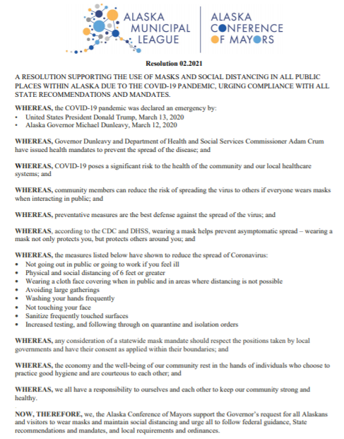 AlaskaMunicipal's tweet image. The Alaska Conference of Mayors yesterday passed a resolution in support of #Alaskans following @GovDunleavy's requested actions to help #SlowTheSpread of COVID-19. Our healthcare system, economy, and most vulnerable depend on us working together. #akleg akml.org/acom-resolutio…