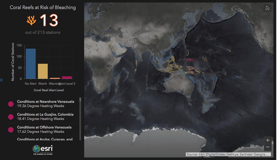 Current bleaching conditions around the world using data from NOAA's Coral Reef Watch program. Data updates daily.