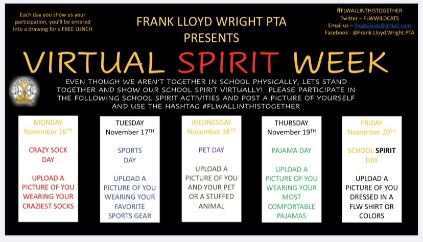 Spirit Week 
<a href="/FLWWILDCATS/">FLW School</a>
 with 
<a href="/FlwWiPTA/">FLW PTA WI</a>
 Join us on Monday for Crazy Sock Day! #FLWallinthistogether #wawmproud #freelunch