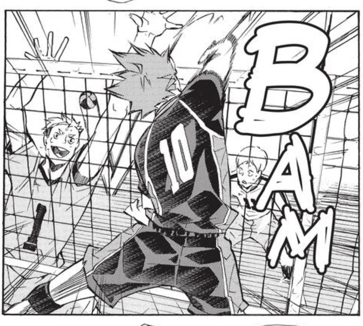 From the moment Hinata saved the ball in a feat of great athleticism immediately succeeding teru’s own freak spike it’s clear that terushima is pleasantly surprised that this newbie is more than he appears to be. But rather than being fearful like most, he is completely