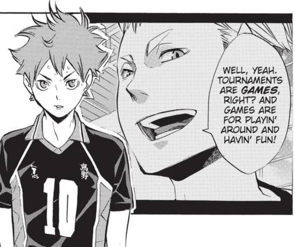 So it’s already been implied in their first meeting that Terushima’s ideology clashes with Hinata’s and his words about “having fun” is clearly at the back of Hinata’s mind throughout the match. I would like to point out that Hinata never outright verbalises any anger nor
