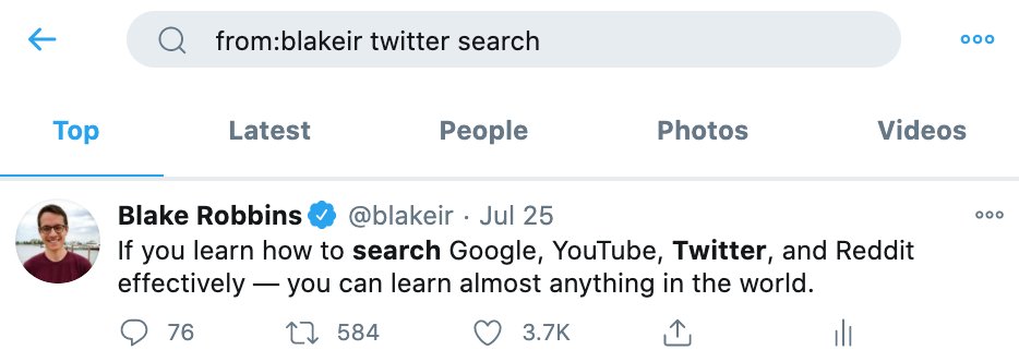 2. If you want to search a specific person's tweets, you can use this query format:from:[twitter user] [keywords]e.g. from:blakeir twitter search
