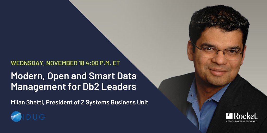Rocket's tweet photo. Will you be joining Milan Shetti, President Z Systems Business Unit, at @Idugdb21  EMEA? Check out his keynote session on "Modern, Open and Smart Data Management for DB2 Leaders" on 11/18 from 10:30-11:00 am. Register here: https://t.co/9Z5kXIwGRw

#Db2 #IDUG2020 #keynote https://t.co/7EhNZAId9G