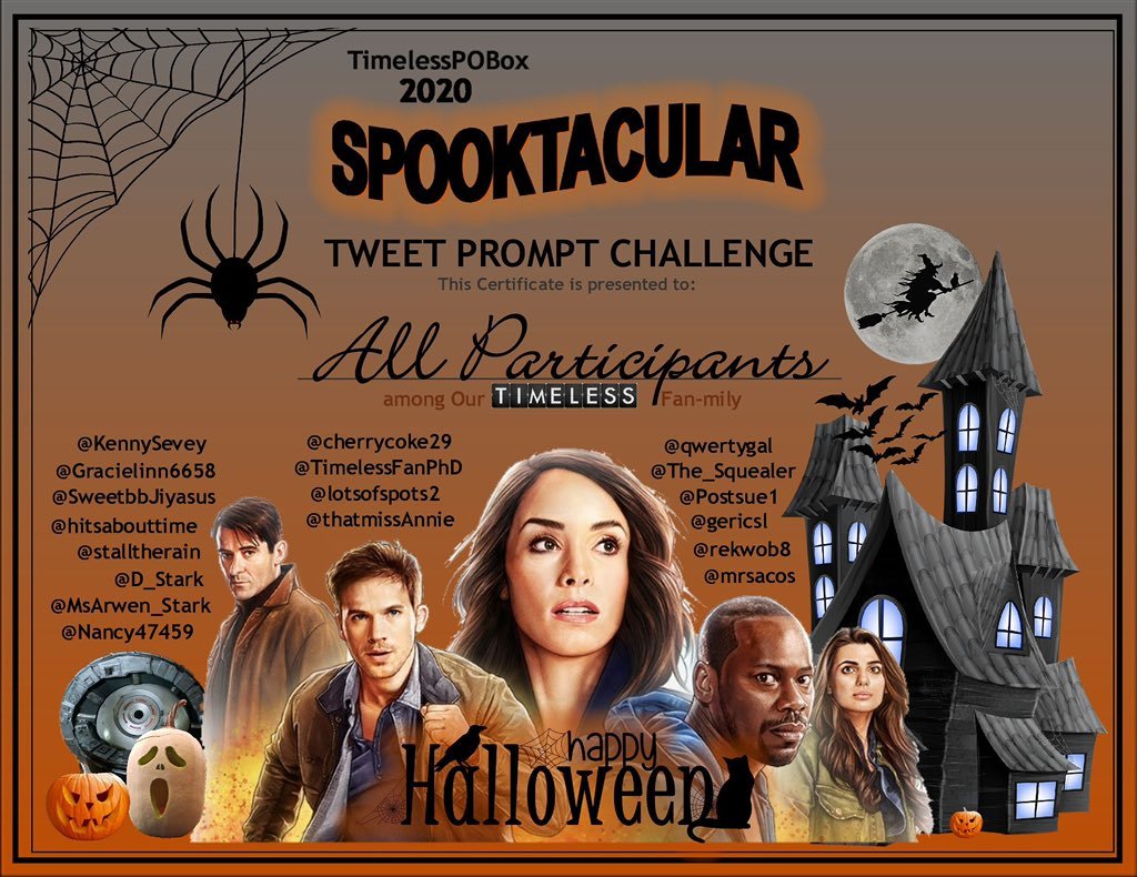 TimelessPOBox's tweet photo. A certificate for our #Timeless🎃prompt participants too!!

@KennySevey @Gracielinn6658 @SweetbbJiyasus @hitsabouttime @stalltherain @D_Stark @MsArwen_Stark @Nancy47459 @cherrycoke29 @TimelessFanPhD @lotsofspots2 @thatmissAnnie @The__Squealer @Postsue1 @gericsl @rekwob8 @mrsacos https://t.co/j7pLmy4Qoz