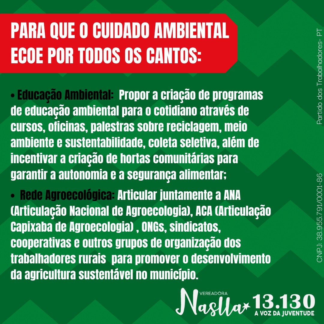 NasllaTembra's tweet photo. Ter políticas ambientais p mim é mto importante pela minha trajetória, então pensamos algumas propostas d educação ambiental e ampliação da agroecologia, vamos construir Alegre q tenha o cuidado c a natureza como prioridade, desenvolvendo a cidade d forma sustentável! #Vote13130 https://t.co/43zU3q1h1Q
