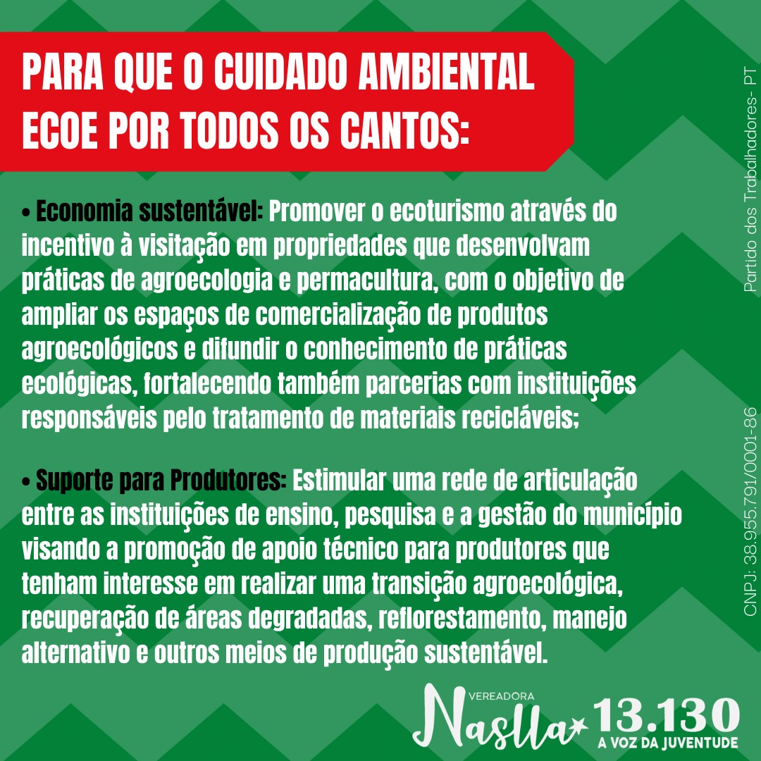 NasllaTembra's tweet photo. Ter políticas ambientais p mim é mto importante pela minha trajetória, então pensamos algumas propostas d educação ambiental e ampliação da agroecologia, vamos construir Alegre q tenha o cuidado c a natureza como prioridade, desenvolvendo a cidade d forma sustentável! #Vote13130 https://t.co/43zU3q1h1Q