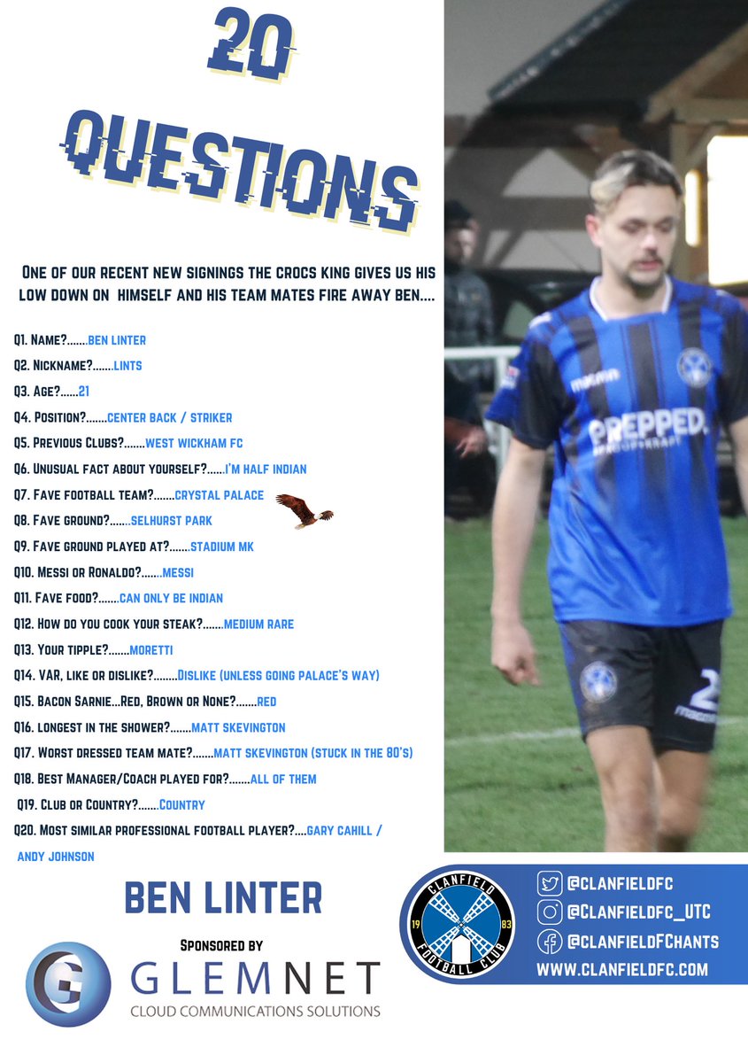 clanfieldfc's tweet photo. Time for another player profile and it’s one of our new signings up next so fire away @linterrrr - Ben is kindly sponsored by @Glemnet for this season thank you for your support 🔵⚫️ #utc #crocs #lints #clanfieldfc #playerprofiles #glemnet #sponsor https://t.co/XZ9oXIgSmn