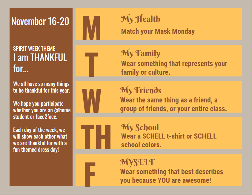 SchellCoyotes1's tweet photo. For the Week of November 16th we will have our Schell Spirit Week. Our theme is 'I am Thankful for". #PISDGratitude https://t.co/uPMVb2i2aT