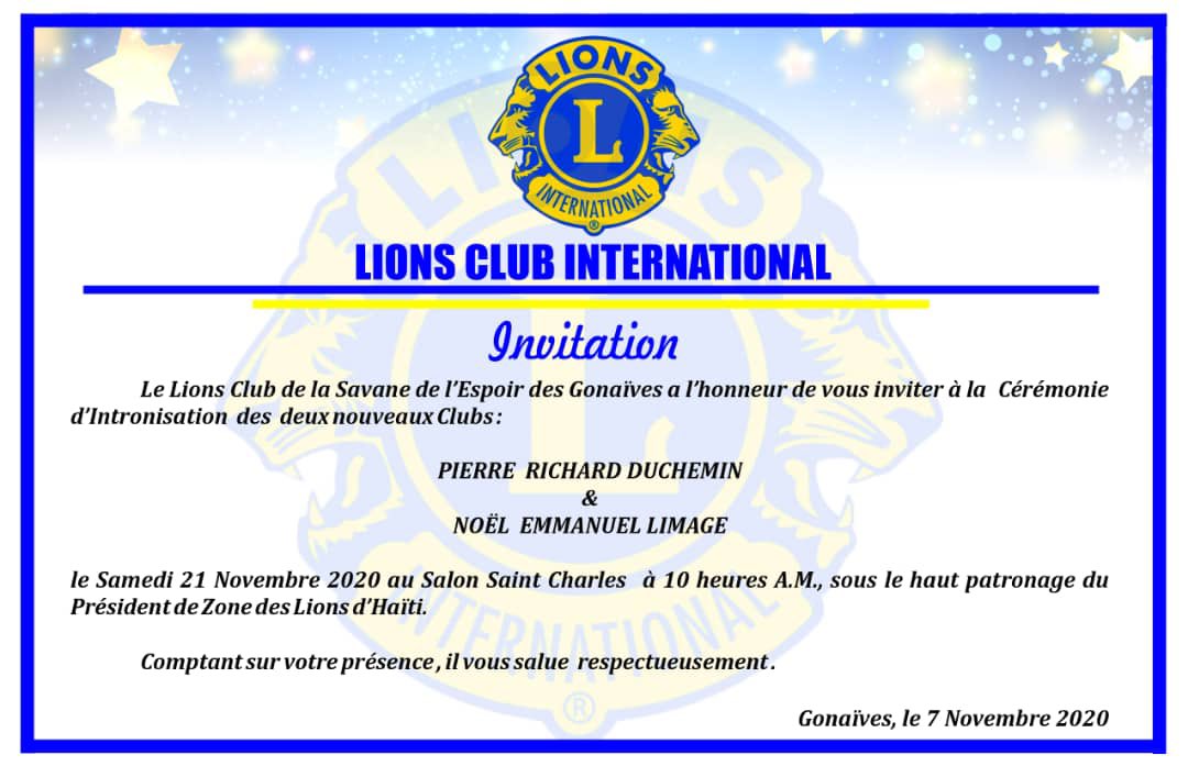 ccjgardere's tweet photo. #invitation Les #LionsClubs de la Savane de l’espoir des #Gonaïves a l’honneur de vous inviter à la cérémonie d’intronisation des deux nouveaux Clubs #PierreRichardDuchemin &amp; #NoelEmmanuelLimage le 21 Nov 20 au salon de St Charles à 10 hr am @lionsclubs @MBVBLions @lionsclubsIrl https://t.co/9ug0TWu14A