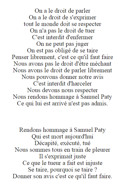 TwittenRimes's tweet photo. Voici le texte engagé de la  classe de CM1-CM2 à Châlons du Maine (53) suite à l'hommage rendu lundi à Samuel Paty. Un travail réalisé sur la liberté d'expression de qualité! Bravo aux élèves pour cette belle prose. 😍 https://t.co/eZoR8i5hYP