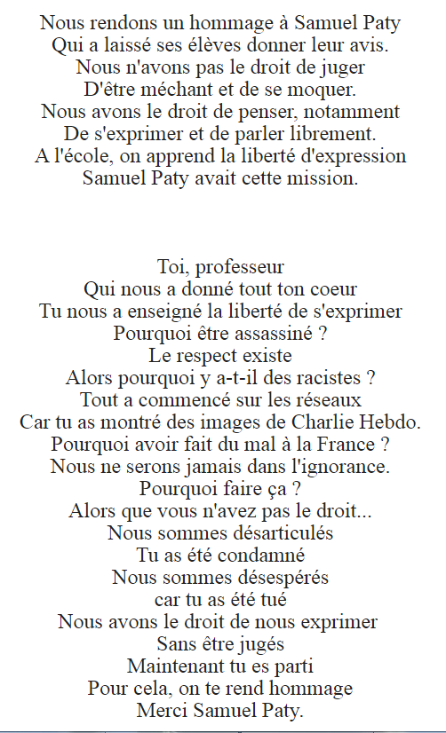 Voici le texte engagé de la  classe de CM1-CM2 à Châlons du Maine (53) suite à l'hommage rendu lundi à Samuel Paty. Un travail réalisé sur la liberté d'expression de qualité! Bravo aux élèves pour cette belle prose. 😍