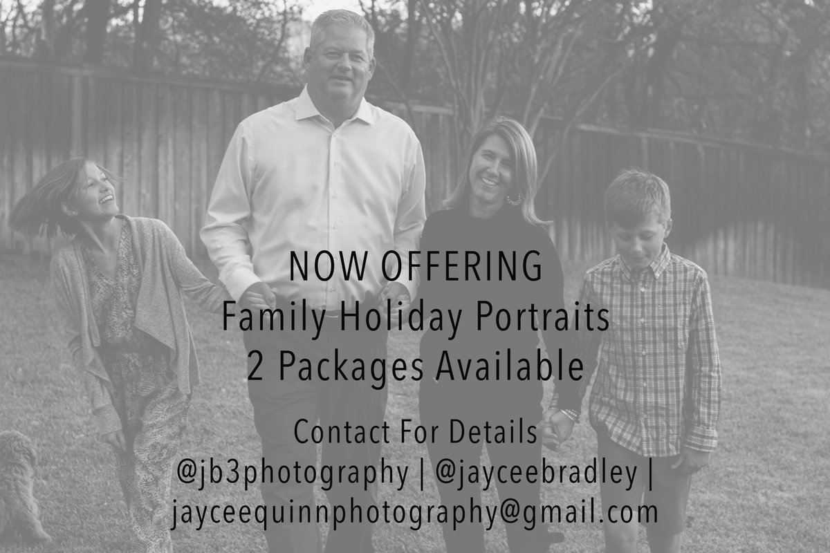 🎄 NOW OFFERING 🎄
Family Holiday Portraits

There is still time left to plan for the holiday season and capture all your favorite memories to share with family and friends!

Contact for details
Email: jayceequinnphotography@gmail.com
Form: forms.gle/PaNSCtccq2brSa…