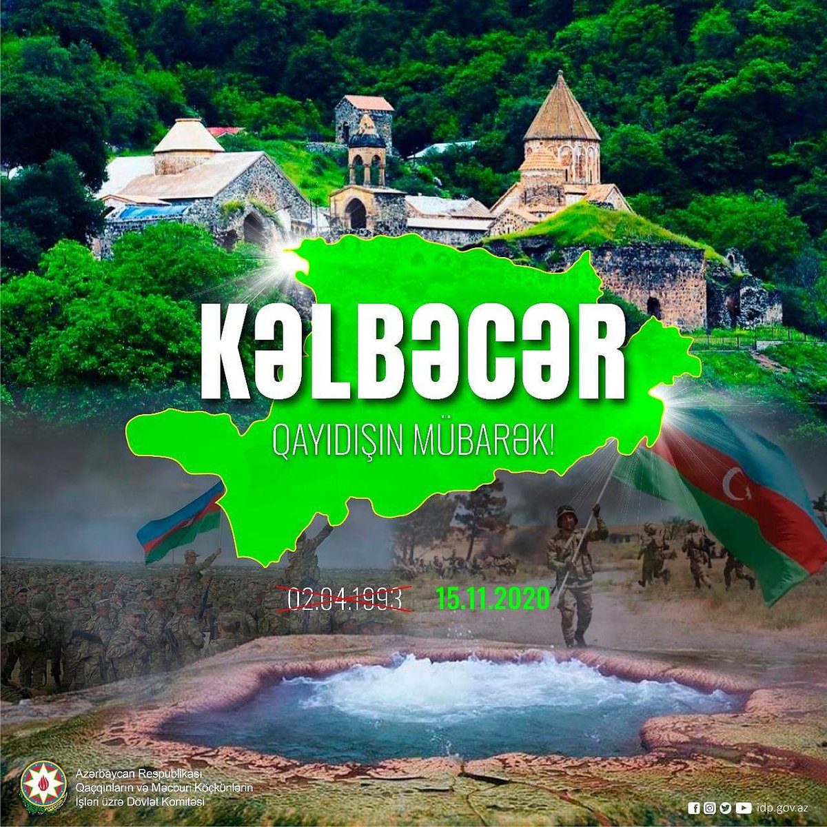 gasnvg06's tweet photo. OFFICIAL: 🇦🇿
 27 years later, Kalbajar was liberated from occupation!  From today, the glorious Azerbaijani flag will be hoisted in Kalbajar to prevent it from falling again! 🇦🇿
 Kalbajar is Azerbaijan!  Karabakh is Azerbaijan !!!  🇦🇿 https://t.co/p0I2bodLu5