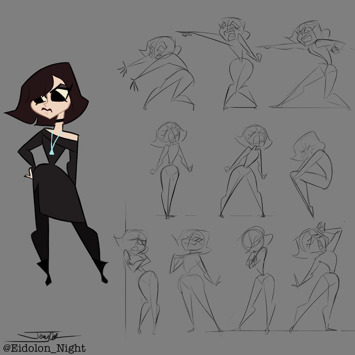 Taking this design I did of Mim & exploring poses to help showcase character personality traits. When coming up with poses think about silhouette.
