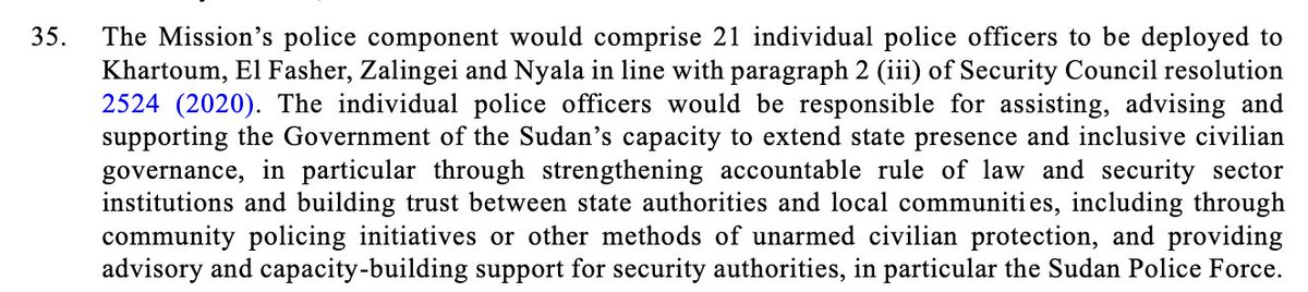 The mission have 269 civilian staff, sixth largest of UN political missions. Importantly  @UNITAMS will also have a police component of 21 individual police officers deployed across different locations.The UN is planning for a 50% vacancy rate for the year (3/x)
