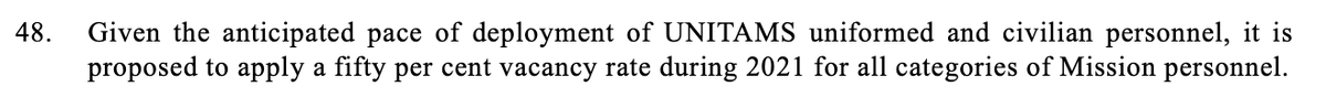 The mission have 269 civilian staff, sixth largest of UN political missions. Importantly  @UNITAMS will also have a police component of 21 individual police officers deployed across different locations.The UN is planning for a 50% vacancy rate for the year (3/x)