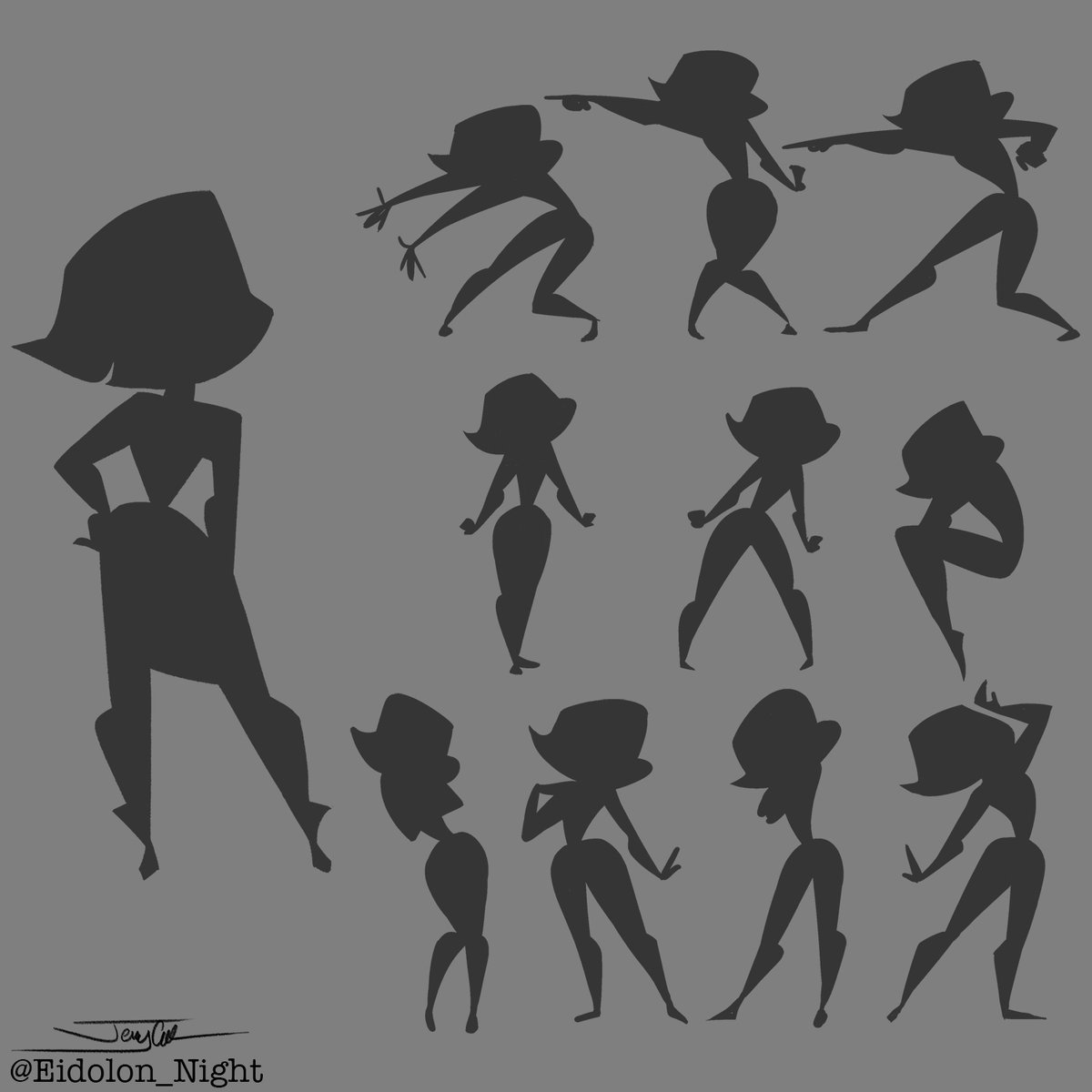 Taking this design I did of Mim & exploring poses to help showcase character personality traits. When coming up with poses think about silhouette.