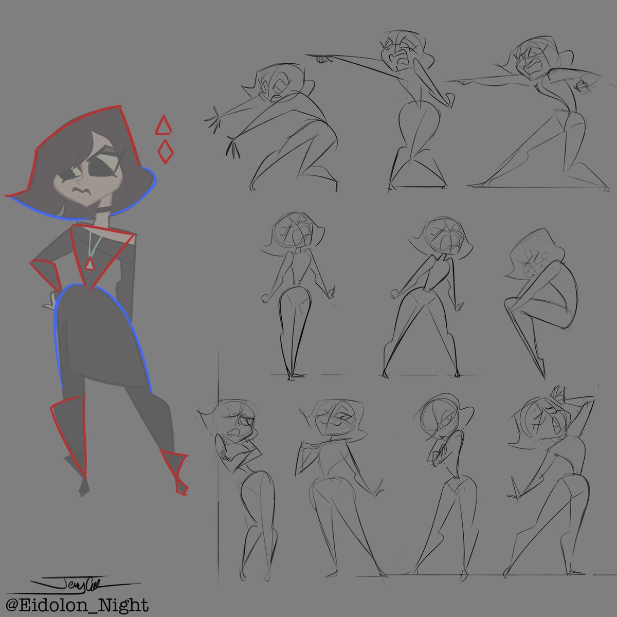 Thinking about what shapes help to visually show the character personality when starting a design. Being very mindful of the pose's center of gravity so they feel balanced rather than leaning or falling over.