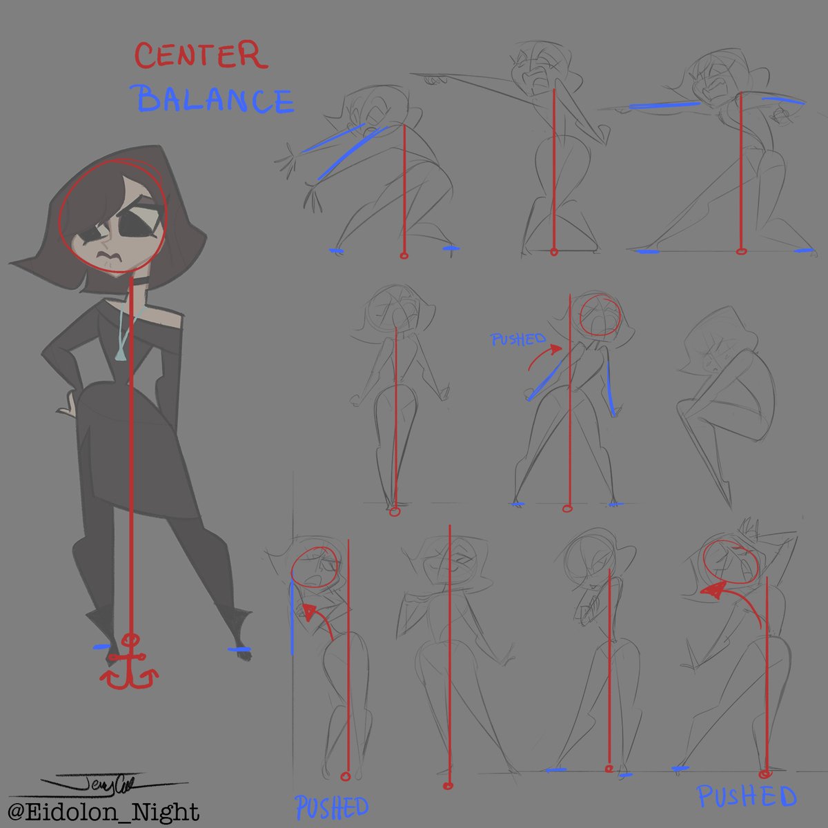 Thinking about what shapes help to visually show the character personality when starting a design. Being very mindful of the pose's center of gravity so they feel balanced rather than leaning or falling over.