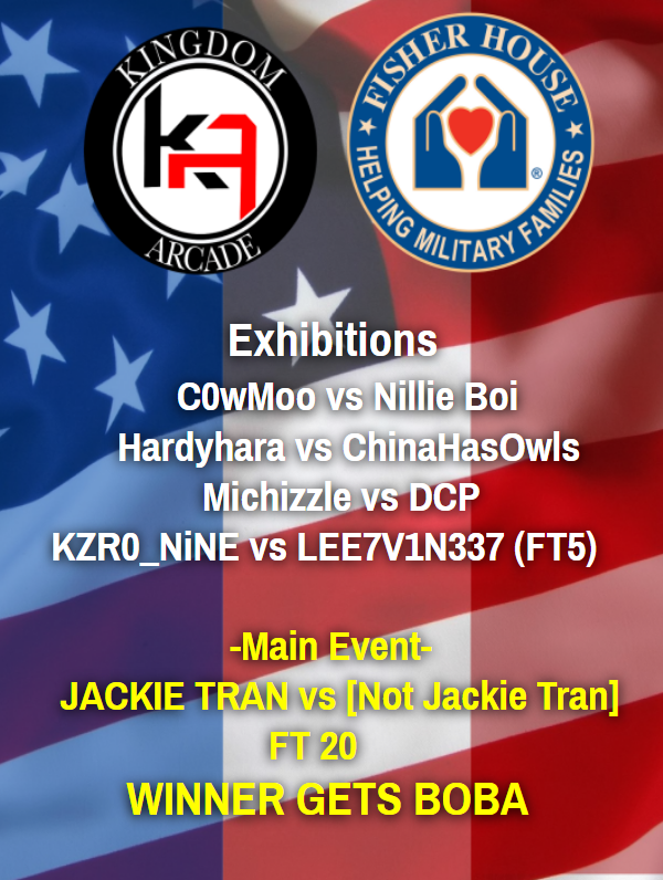 Fisher House and Kingdom Arcade proudly presents, Fight For the Greater Good on 11/21 at 3PM PST! A collab effort with <a href="/FisherHouseFdtn/">Fisher House</a> featuring amazing talent duking it out! Main Event <a href="/realjackietran/">Pulse l Jackie Tran</a>  vs [Not Jackie Tran]

Hosted by <a href="/MeaganC56758117/">Meagan Carr</a> and <a href="/BKNVo/">BK-Uryuu</a> #Fisherhouse #KA