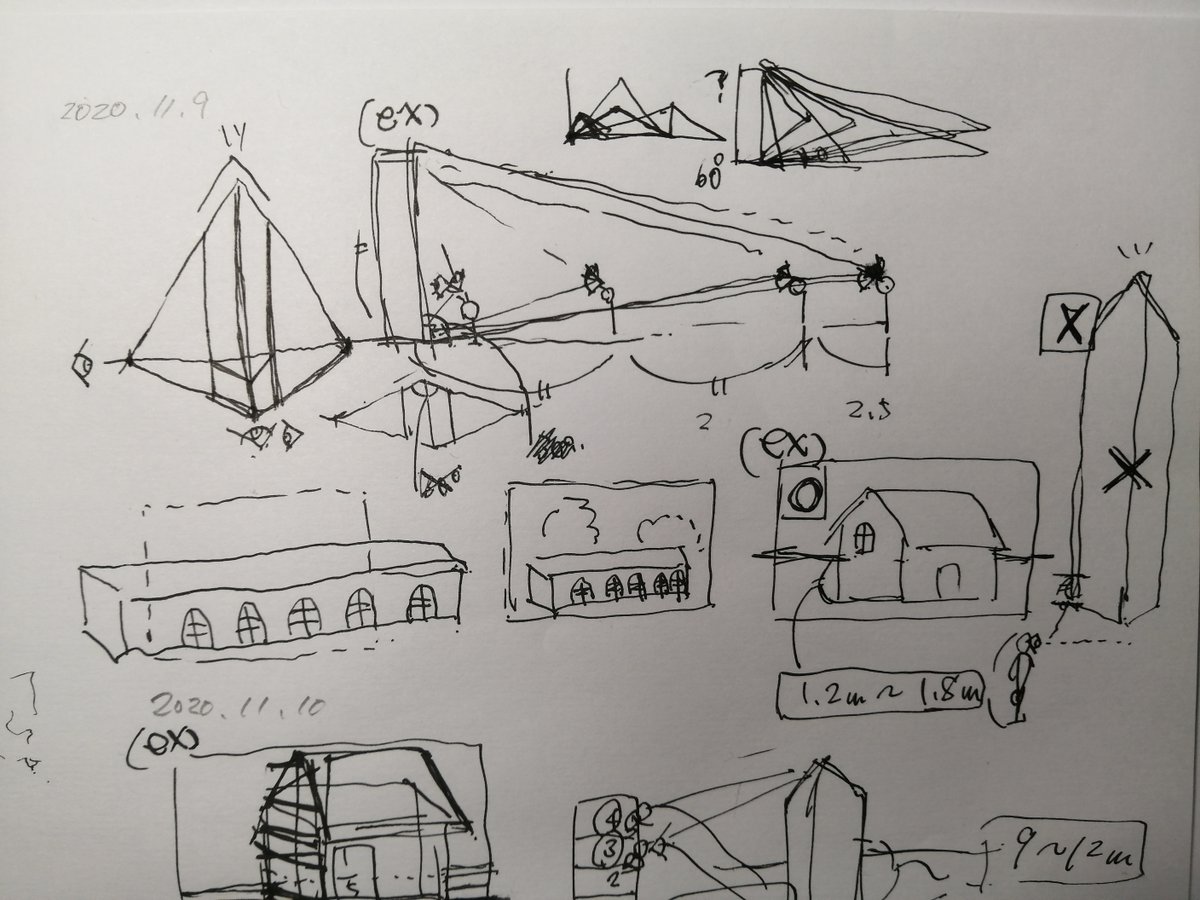 11/9
【0313/365】Gペン(ゼブラ)
【気付き】☺️☕
興味の描きうつし。建築図の建物と、視点の位置と距離。建物が自然に見える距離や高さがある。全体が視界に入る距離や、身長の高さなど。ある程度、目の感覚を数値に置き換えられる。
#ぽののペン練習 #ぽのとグプティル 