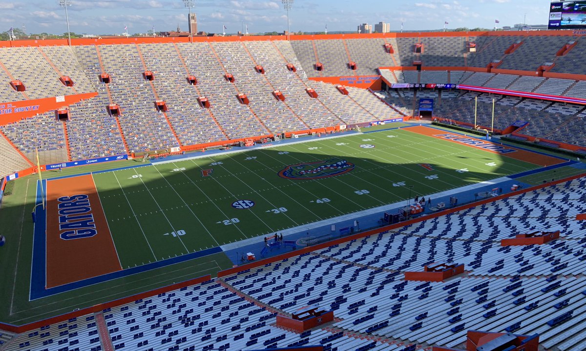 A tropical storm can’t stop the Swamp from looking good <a href="/GatorTurfStaff/">Gators Turf Staff</a>! It’s Game Day and we are #SalutingThoseWhoServe 🐊🏈🇺🇸🤩