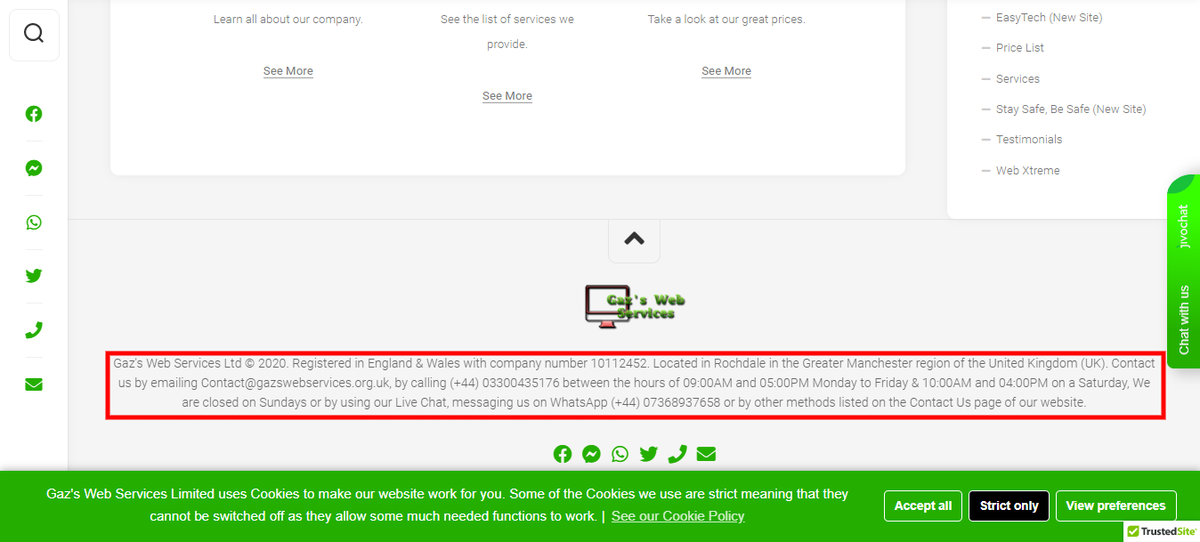 GazsWebServices's tweet photo. Our website is now back up and running, we've updated the Cookie policy and have added more information about our company to the footer text where most companies do the same. We've attached some pictures showing the changes, but you can see it by going to https://t.co/Rh4yYBD2Vb https://t.co/WBxR2Tg91b