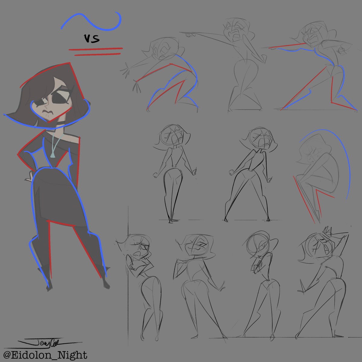 Keeping in mind the use of straight against curves in posing. Being mindful of anatomy & 3D forms even on graphic "flat" characters.