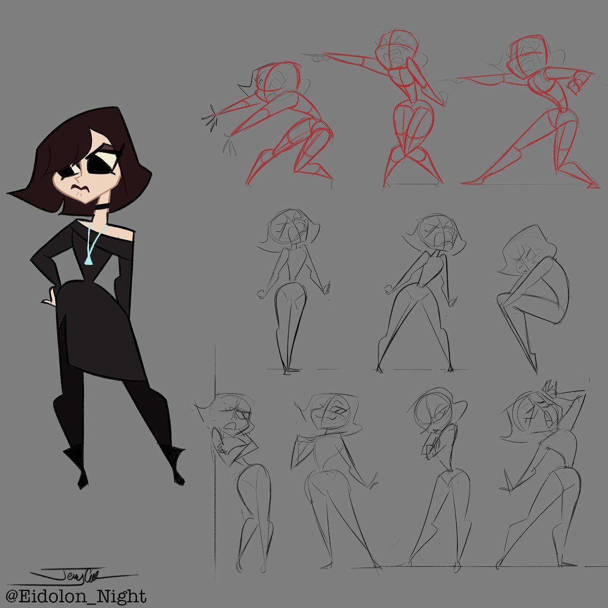 Keeping in mind the use of straight against curves in posing. Being mindful of anatomy & 3D forms even on graphic "flat" characters.