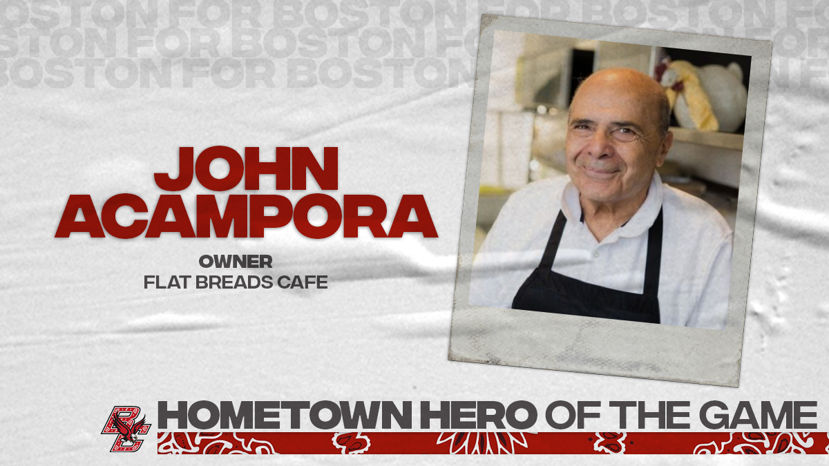 BCEagles's tweet photo. Today's Hometown Hero of the Game is John Acampora‼️

John is the owner of Flat Breads Cafe in Chestnut Hill 🥙🥪

Thank you, John for all you do for the @BostonCollege community!

#ForBoston | #ForWelles https://t.co/GJ5pRb9c2a