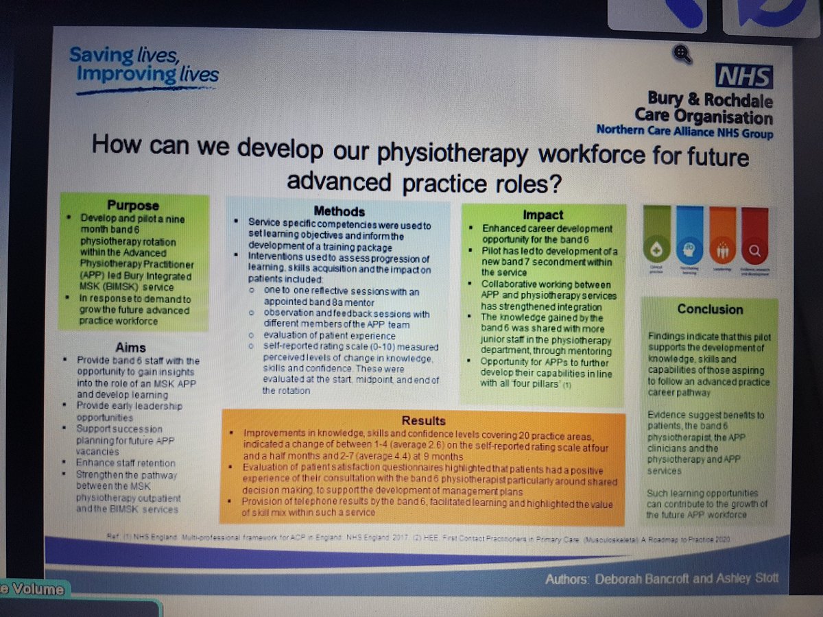 DeborahBActive's tweet photo. A big thank you to @ash_stott for your contribution in this evaluation and on embracing the learning experience working with the Advanced Practice Physiotherapy team @BuryRochCO_NHS @NCAlliance_NHS Great to have been able to present the finding at #physiouk20 @QualityNCA https://t.co/jvUTG4siYK