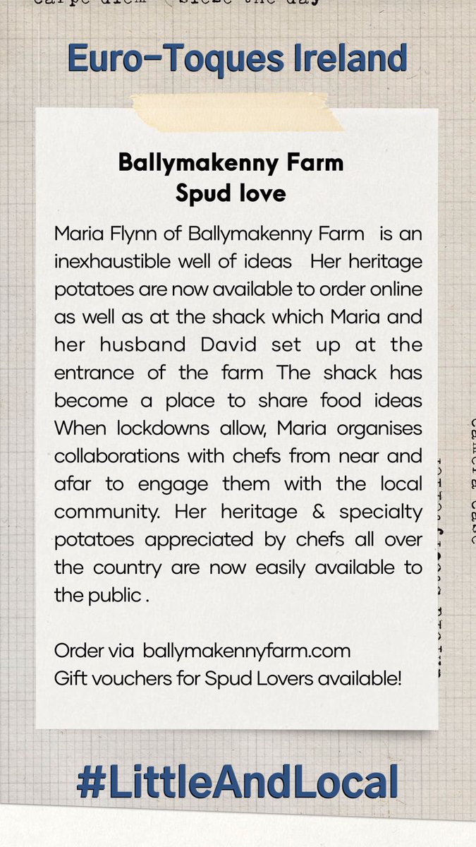Euro-toques Ireland (@eurotoques_ire) on Twitter photo This week #Littleandlocal features <a href="/BallymakennyF/">Ballymakenny Farm®</a> & all the wonderful fresh ideas by Maria Flynn. The spuds shack is the perfect example of how to adapt to the changing times. Collaborating with a number of chefs Maria always keeps the food conversation going.
<a href="/garmullins/">gareth mullins</a> This week #Littleandlocal features <a href="/BallymakennyF/">Ballymakenny Farm®</a> & all the wonderful fresh ideas by Maria Flynn. The spuds shack is the perfect example of how to adapt to the changing times. Collaborating with a number of chefs Maria always keeps the food conversation going.
<a href="/garmullins/">gareth mullins</a>