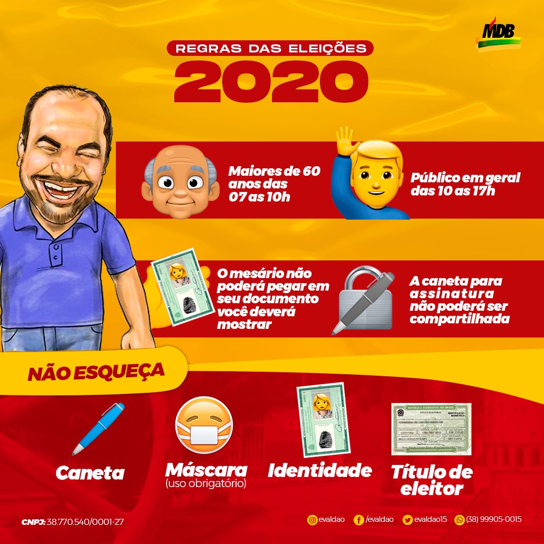 evaldao15's tweet photo. Teremos uma eleição diferente e com novas regras em 2020.

Fique atento(a) que Evaldinho te conta detalhes!

Um abraço do candidato a prefeito Evaldão e vice Dr. Cézar.

O POVO VAI VENCER!

Dia 15, vote 1️⃣5️⃣✅ https://t.co/xCkBLS9Q5l